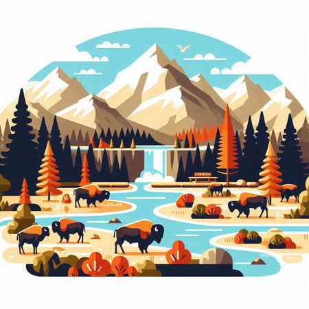 Mountain landscape with forest and lake. Vector illustration in flat styleのイラスト素材