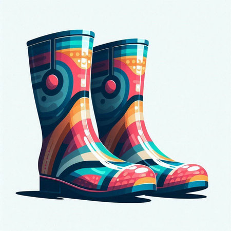 Illustration of a pair of rubber boots with multicolor patternsのイラスト素材