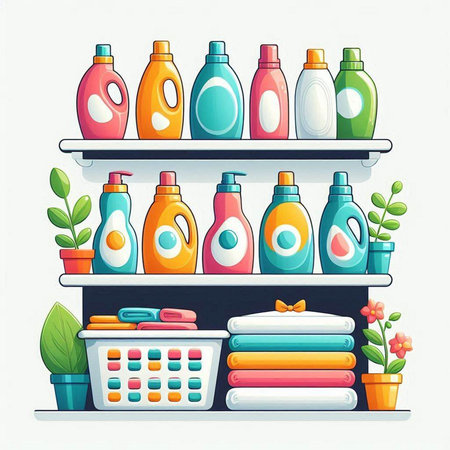 Vector illustration of a shelf with bottles of laundry detergents, towels and other cleaning products.のイラスト素材