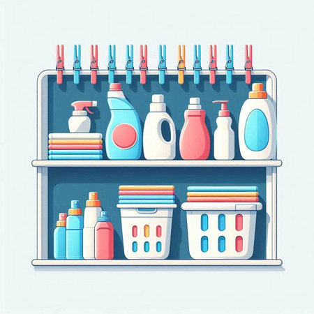 Detergents and cleaning products on shelf. Vector illustration.のイラスト素材