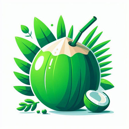 Coconut with green leaves on a white background. Vector illustration.のイラスト素材