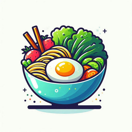 Bowl of noodle with fried egg and vegetables, vector illustration.のイラスト素材