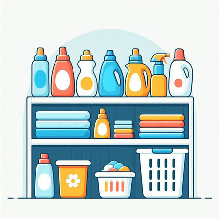 Illustration of a shelf with cleaning products. Vector illustration in flat style.のイラスト素材