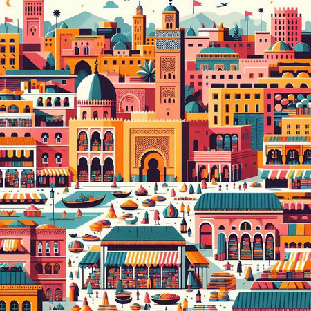 Vector seamless pattern with arabic buildings and shops in the old city.のイラスト素材