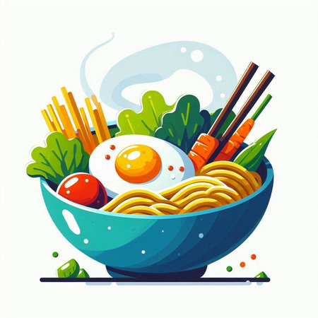 Bowl of noodles with vegetables and fried egg. Vector illustration.のイラスト素材