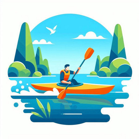 Man kayaking on the lake. Vector illustration in flat style.のイラスト素材
