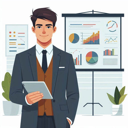 Businessman with tablet computer in office. Vector illustration in cartoon styleのイラスト素材