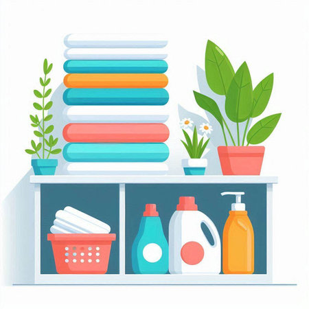 Vector illustration of a shelf with towels, detergents and plantsのイラスト素材