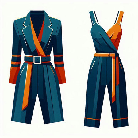 Womens clothing set. Blue and orange jumpsuit. Vector illustrationのイラスト素材