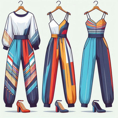 Women's clothes on hangers. Vector illustration in retro style.のイラスト素材