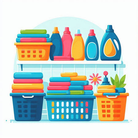 Basket with cleaning products. Vector illustration in flat cartoon style.のイラスト素材