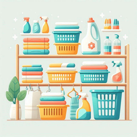 Basket with cleaning products. Vector illustration in flat cartoon style.のイラスト素材