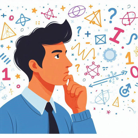 Vector illustration of a young man thinking and looking up with abstract symbols around himのイラスト素材