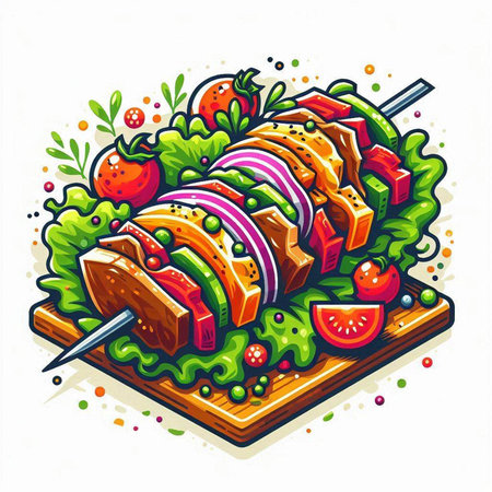 Illustration of kebab with vegetables on a wooden board.のイラスト素材