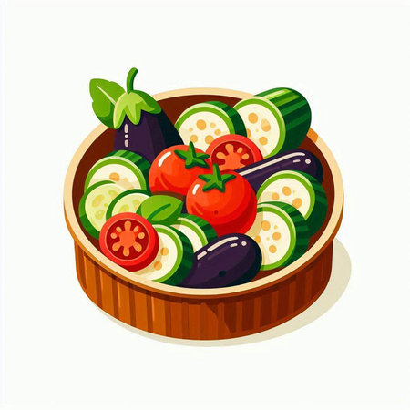 Vegetable salad in wooden bowl isolated on white background. Vector illustration.のイラスト素材