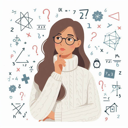 Vector illustration of a girl in glasses and a knitted sweater with a question mark.のイラスト素材