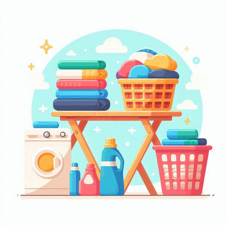 Laundry basket with washing machine, detergents, towels, bleach and soap. Flat vector illustrationのイラスト素材