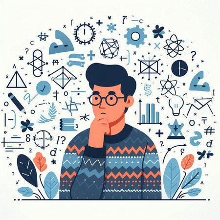 Vector illustration of a young man in a sweater on the background of geometric symbols.のイラスト素材