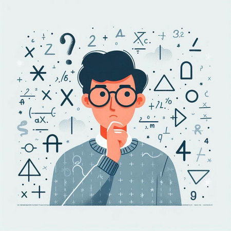 Vector illustration of a man thinking and looking at the question mark.のイラスト素材