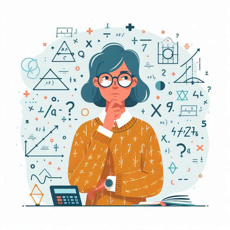 Vector illustration of senior woman in glasses with calculator and math symbols.のイラスト素材