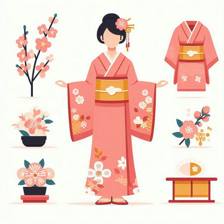Japanese woman in traditional clothes with sakura flowers. Vector illustration.のイラスト素材