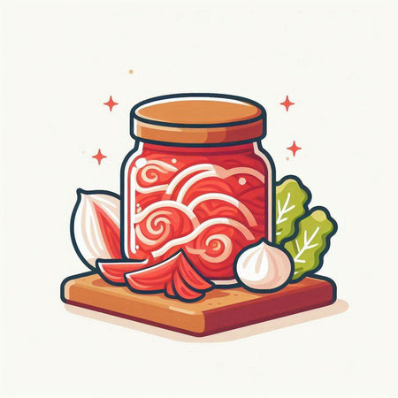 Pickled vegetables in a glass jar. Hand drawn vector illustration.のイラスト素材