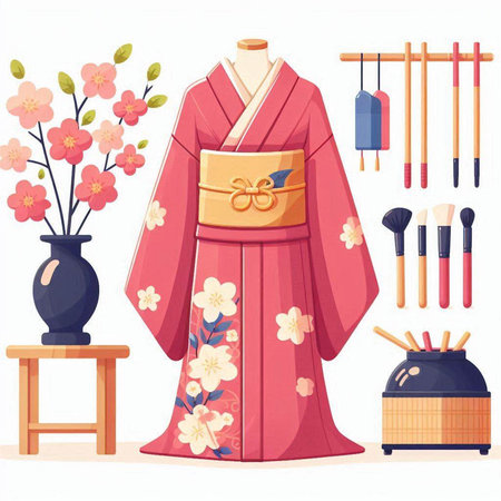 Japanese kimono set. Traditional japanese kimono set. Vector illustrationのイラスト素材