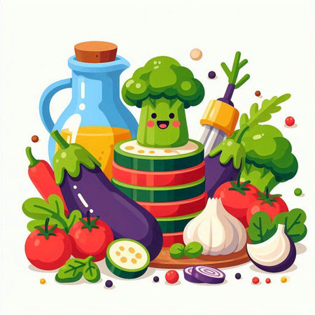 Vegetables and ingredients for cooking in cartoon style. Vector illustration.のイラスト素材