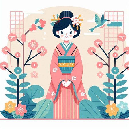 Japanese girl in traditional kimono. Vector illustration in flat style.のイラスト素材