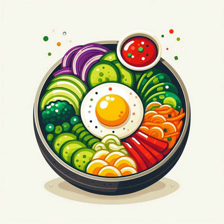 Bowl of vegetable salad with fried egg in flat style. Vector illustration.のイラスト素材