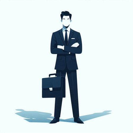 Businessman with face mask and briefcase on light background. Vector illustration.のイラスト素材