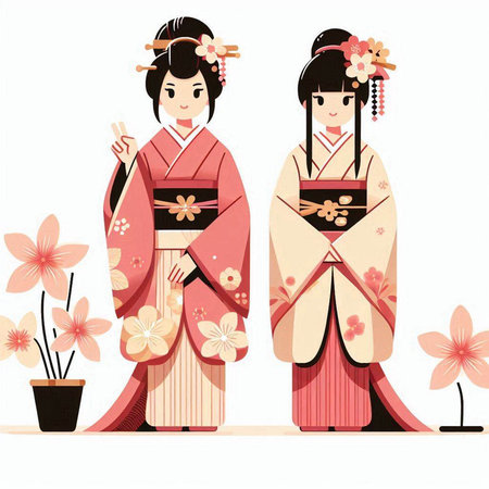 Japanese girls in kimono with sakura flowers vector illustration.のイラスト素材