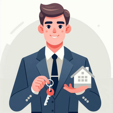 Real estate agent holding house keys. Vector illustration in cartoon style.のイラスト素材