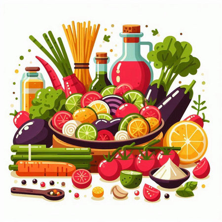Vegetarian food vector illustration. Healthy eating and dieting concept.のイラスト素材