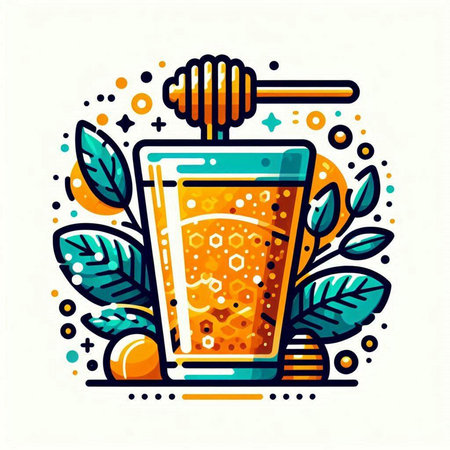 Vector illustration of a glass of orange juice with honey and leaves.のイラスト素材