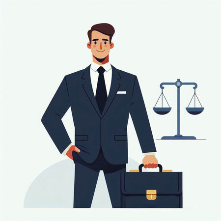Businessman with briefcase and scales of justice. Vector illustration.のイラスト素材