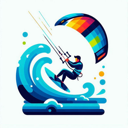 Kitesurfing vector illustration. Man surfing on a kiteboard.のイラスト素材