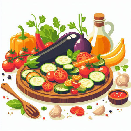 Vegetarian food. Eggplant, tomato, cucumber, pepper, garlic, olive oil. Vector illustrationのイラスト素材