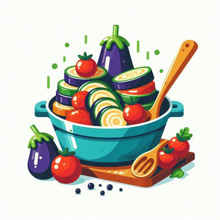 Vegetable salad in a blue bowl. Vector illustration on white background.のイラスト素材
