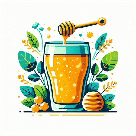 Vector illustration of a glass of fresh honey with honey dipper, leaves and flowers.のイラスト素材