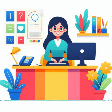 Woman working at home office. Freelance and remote work concept. Vector illustrationのイラスト素材