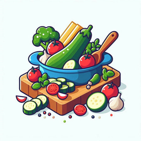 Vegetables in a bowl on a cutting board. Vector illustration.のイラスト素材