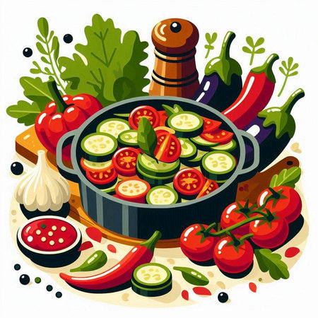 Vegetable stew in a pan. Vector illustration in cartoon style.のイラスト素材