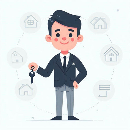 Real estate agent with key in hand. Vector illustration in cartoon styleのイラスト素材
