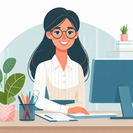 Beautiful young business woman working at office. Vector illustration in cartoon style.のイラスト素材