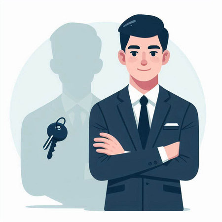 Real estate agent with keys in hand. Vector illustration in cartoon styleのイラスト素材