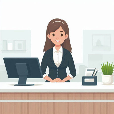 Illustration of a businesswoman sitting at her desk in the officeのイラスト素材
