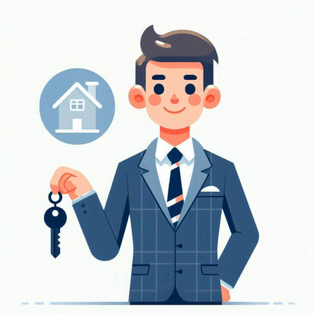 Real estate agent with key and house icon. Vector illustration in flat styleのイラスト素材