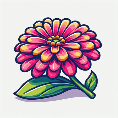 Illustration of a pink flower with green leaves on a white backgroundのイラスト素材