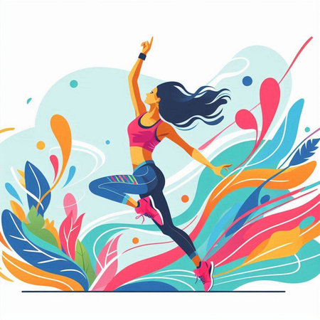 Young woman jumping in the air, vector illustration. Healthy lifestyle.のイラスト素材